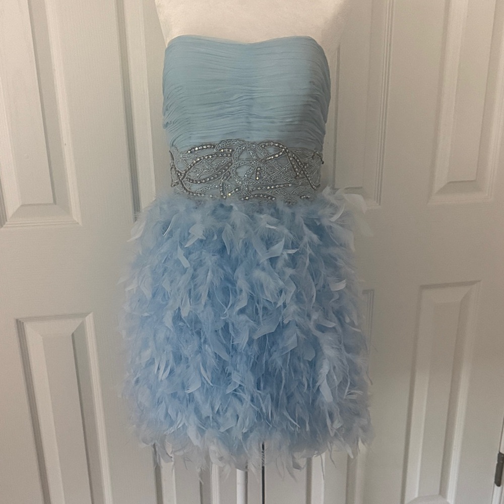 Mac Duggal Strapless Blue Feathered Dress